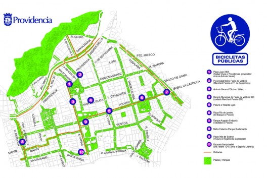 Plano estaciones, áreas verdes y ciclovías en Providencia