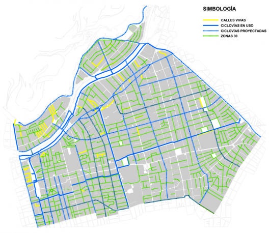 Plan de Movilidad Sustentable de Providencia. Calles vivas, ciclovías en uso y proyectadas y Zonas 30. cortesía Municipalidad de Providencia.