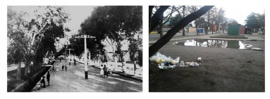 Paseo de Balmaceda histórico (izquierda) y en la actualidad (derecha): degradación del espacio público.. Imagen Cortesía de Miguel Gómez Villarino
