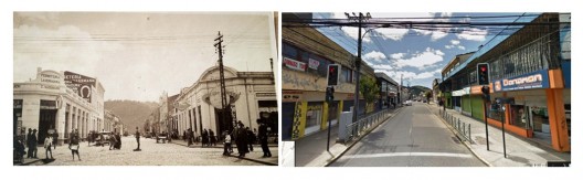 Calle Bulnes antiguamente (izquierda) y en la actualidad (derecha): desmaterialización de las fachadas. Imagen Cortesía de Miguel Gómez Villarino
