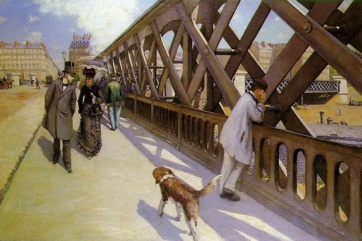 'Le Pont de l'Europe' - una representación ligeramente más matizada, con un flâneur caminando un poco separado de una mujer que se interpreta como una prostituta. El flâneur está mirando a el hombre de clase obrera a la derecha. Imagen © Gustave Caillebotte