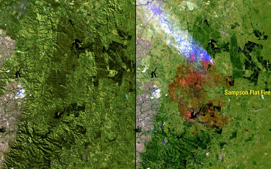 Fuente: Imágenes del Cambio, Nasa. ( US Geological Survey (USGS) Misiones Landsat Galería  "Sampson plana Fuego, Australia", Ministerio del Interior / USGS y la NASA estadounidense).