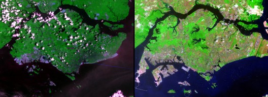 Fuente: Imágenes del Cambio, Nasa (Earthshots: Imágenes de satélite del Cambio Ambiental , "Singapur" US Geological Survey.)