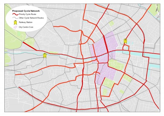 Propuesta de Red de Ciclovías para el centro. Fuente imagen: Ayuntamiento de Dublín