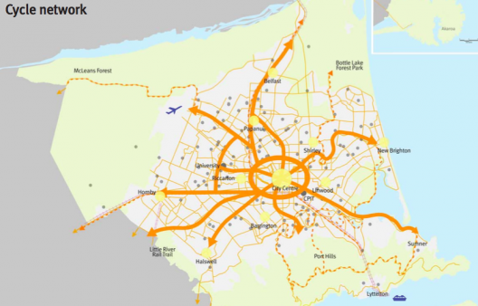 Propuesta de red ciclista para Christchurch, Nueva Zelanda. Fuente: Plan Estratégico de Transporte para Christchurch 2012 - 2042.