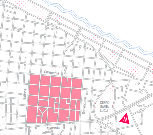 Zona Patrimonial al interior del cuadrante del Plan Centro. Fuente: Plan Integral de Movilidad, Municipalidad de Santiago.