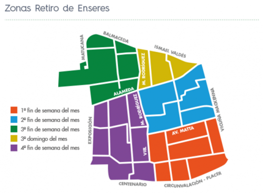 Zonas de retiro de enseres. Mapa elaborado por la Municipalidad de Santiago.